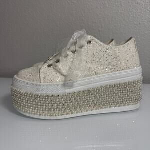 Stilo Bridal Wedding Platform Sneakers Womens Sz 10 Wht Glitter Pearl Rhinestone